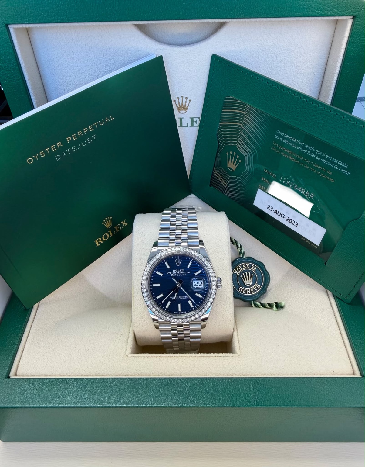 Rolex Lady-Datejust 31 reference 126284RBR with blue motif dial and diamond bezel
