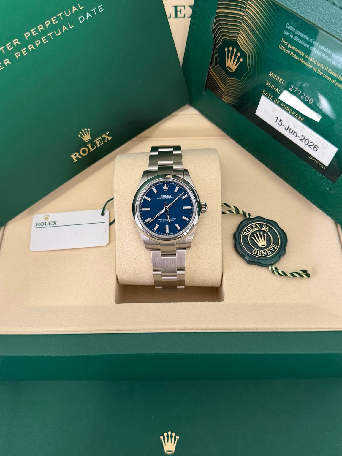 Unworn Rolex Oyster Perpetual 31 reference 277200 with blue dial