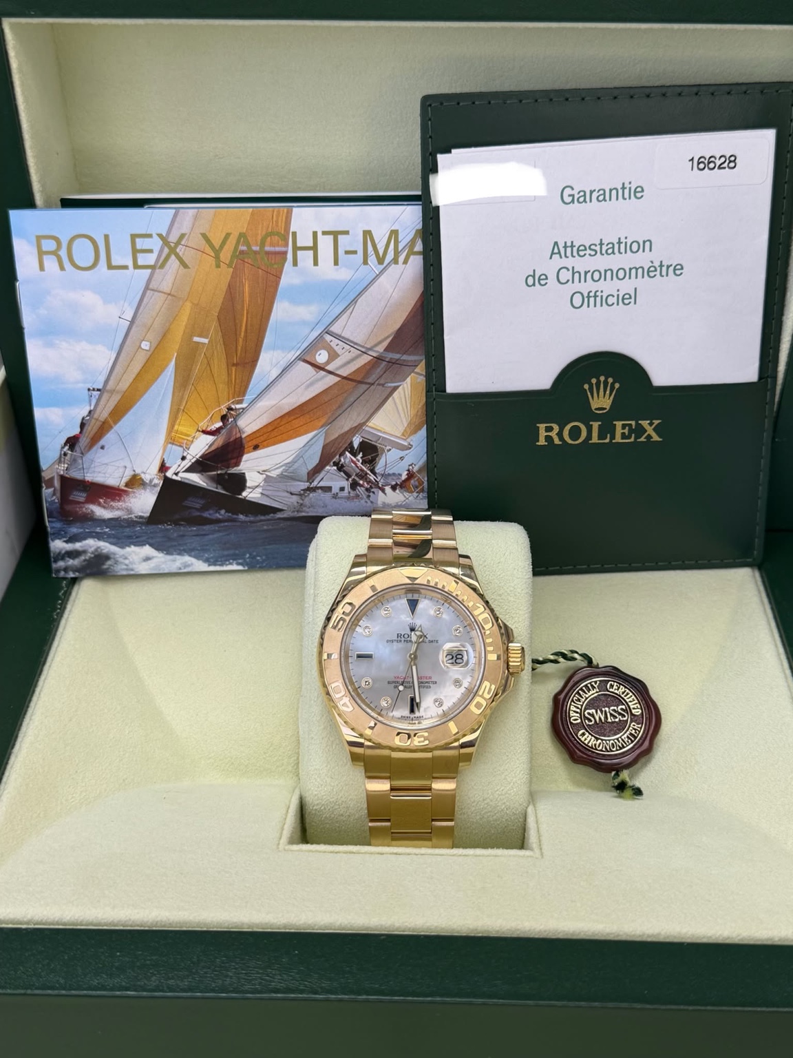 Rolex Yacht-Master 40 reference 16628 in yellow gold with mother-of-pearl diamond and sapphire dial